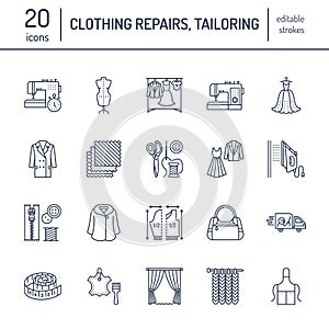 Clothing repair, alterations flat line icons set. Tailor store services - dressmaking, clothes steaming, curtains sewing