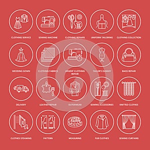 Clothing repair, alterations flat line icons set. Tailor store services - dressmaking, clothes steaming, curtains sewing