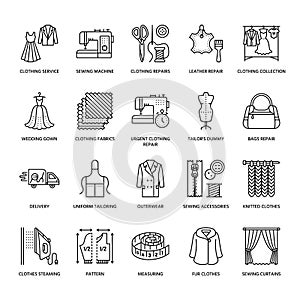 Clothing repair, alterations flat line icons set. Tailor store services - dressmaking, clothes steaming, curtains sewing photo