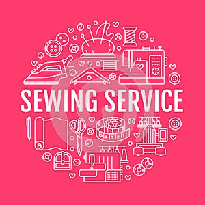 Clothing repair, sewing studio equipment banner illustration. Vector line icon of tailor store services - dressmaking