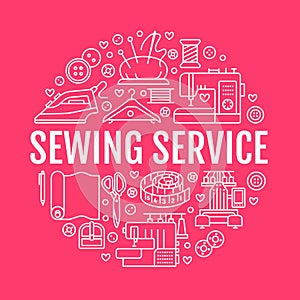 Clothing repair, sewing studio equipment banner illustration. Vector line icon of tailor store services - dressmaking photo