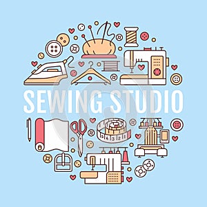 Clothing repair, sewing studio equipment banner illustration. Vector line icon of tailor store services - dressmaking photo