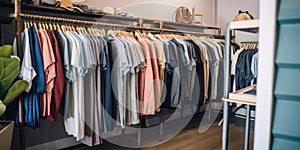Clothing retail store, collection on hangers. Generative ai