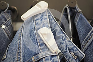 Clothing security tag on a jeans ,