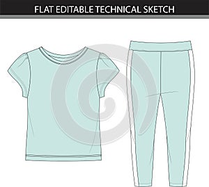Clothing set of t-shirt and sweatpants back view, fashion flat sketch template
