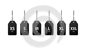 Clothing size label icon in black. Small, large and extra large sizes. XS, S, M, L, XL, XXL tags. Vector EPS 10. Isolated on white