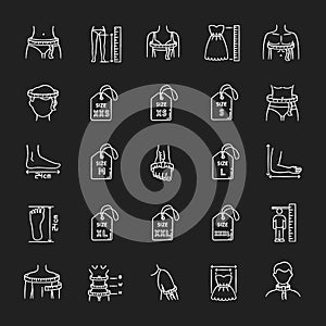 Clothing sizes chalk white icons set on black background. Human body measurements. Female and male dimensions and