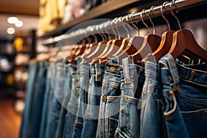 Clothing store elegance Denim jeans on hangers in retail display