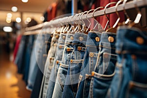 Clothing store elegance Denim jeans on hangers in retail display