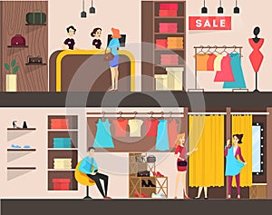 Clothing store interior banner. Woman in the fitting room