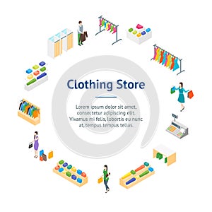 Clothing Store Interior with Furniture Banner Card Circle Isometric View. Vector