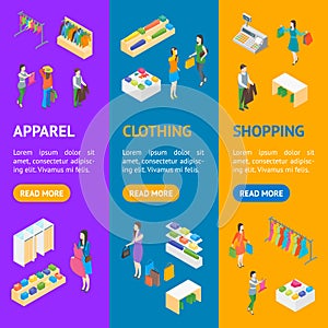 Clothing Store Interior with Furniture Banner Vecrtical Set Isometric View. Vector