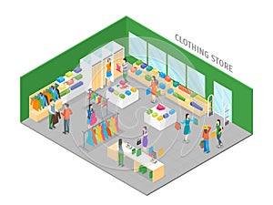 Clothing Store Interior with Furniture Isometric View. Vector