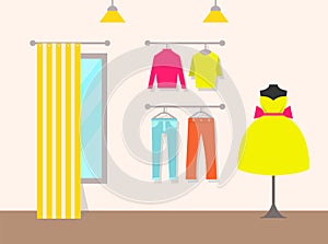 Clothing Store and Products Vector Illustration