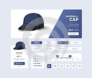 Clothing user interface, experience. Aesthetic shopping app UI design in blue and white tones, 3d illustration