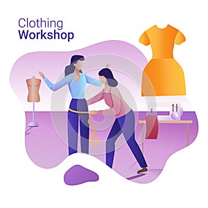 Clothing Workshop concept. The Flat vector illustration for a banner. A tailor makes a woman body measurement.