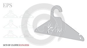 Cloths Hanger Template, Fashion Cloths Hanger. Vector with die cut / laser cut layers. White, clear, blank, isolated Cloths Hanger