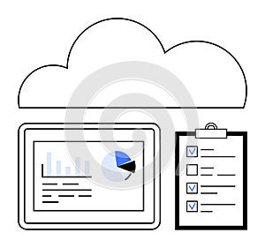 Cloud storage concept with analytics dashboard and task checklist for organization