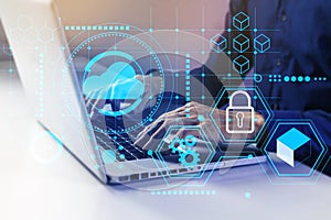 Cloud access for businessman is safe., managing internal systems efficiently.,Cloud data transmission system