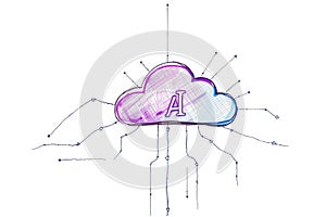 Cloud AI network. Connected system. Artificial intelligence, data technology, global. Digital network, cloud computing