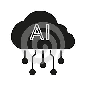 Cloud Ai Technology Solid Icon. Artificial Intelligence And Cloud Computing Integration Silhouette Symbol. Digital