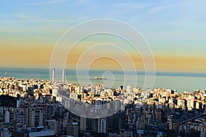 Cloud of air pollution above Jounieh, Lebanon with a perspective on Kaslik and atmospheric pollution