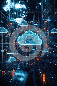 Cloud API integration, 3D hologram depicting seamless cloud technology integration via API, positioned in an abstract virtual