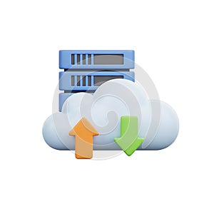 A cloud with arrows and a server stack representing data transfer and storage concept design