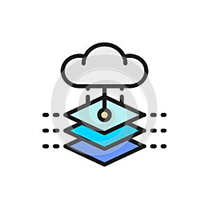 Cloud with artificial intelligence server, database, big data color line icon.