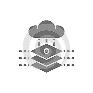 Cloud with artificial intelligence server, database, big data grey icon.