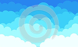 Cloud background, cartoon blue sky with white clouds pattern. Vector abstract flat graphic design background photo