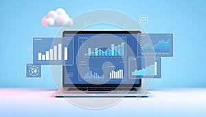 Cloud-Based Business Analytics Dashboard on Laptop Displaying Key Performance Indicators