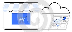 Cloud-Based E-Commerce and Data Analytics Concept with Online Storefront and Graphs