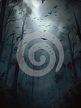 A cloud of bats flies menacingly above an eerie haunted forest. Gothic art. AI generation photo
