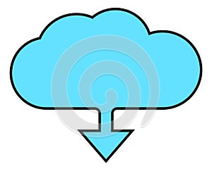 Cloud with blue downward arrow. Data download icon