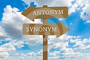 Semantics, opposite words antonym and synonym. Linguistics Concept.