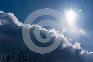 A cloud in the blue sky, the cloud finds in the sun. The sky is thickening, there will be a thunderstorm