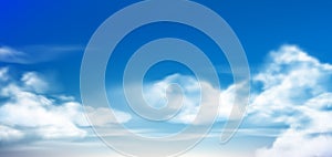 Cloud in blue sky. Fluffy clouds in cloudy daytime skies. Realistic white clouds vector background illustration