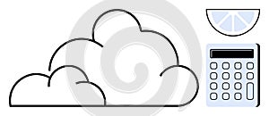Cloud with Calculator and Pie Chart Element Representing Data Storage and Analysis Concepts