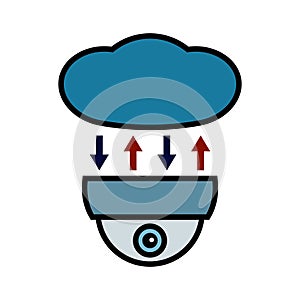 Cloud camera icon. Upload, download and data storage. CCTV, security ceiling video doom camera, surveillance. Vector illustration.