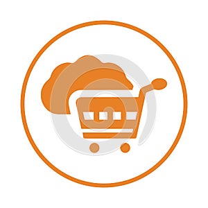 Cloud, cart, shopping icon. Orange vector sketch.