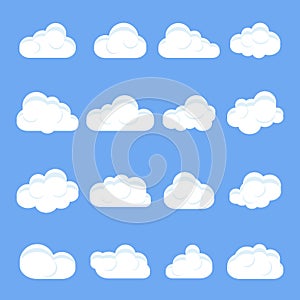 Cloud cartoon. Set of different cartoon clouds. Clouds on a isolated blue background. Vector