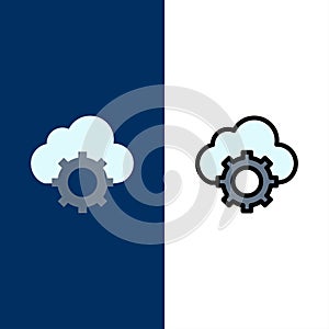 Cloud, Cloud-Computing, Cloud-Settings  Icons. Flat and Line Filled Icon Set Vector Blue Background