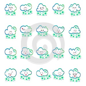 Kawaii cloud emoticon set. Cute clouds facial expressions pack. Emoji icons. Cartoon vector stock. Emoticon chat stickers.