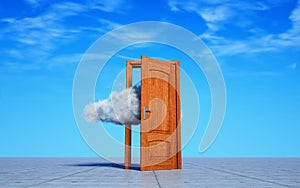 Cloud comes out the open door. Creative mind and escape concept