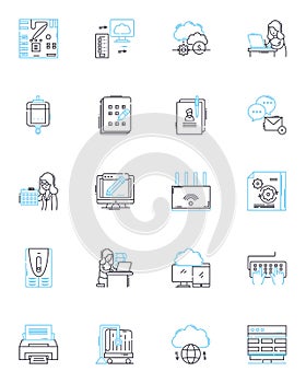 Cloud communication linear icons set. Cloud, Communication, Collaboration, Integration, Efficiency, Connectivity
