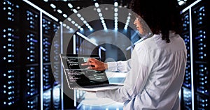 Cloud Computer Engineer Coding In Server Room In Data Center