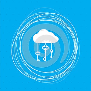 Cloud computer storage with lock icon on a blue background with abstract circles around and place for your text.