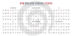 Cloud computing, AI automation, web design and testing, data analysis line icon set