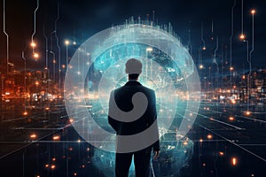 Cloud computing, AI, and global connectivity converge in a tech savvy businessman's world